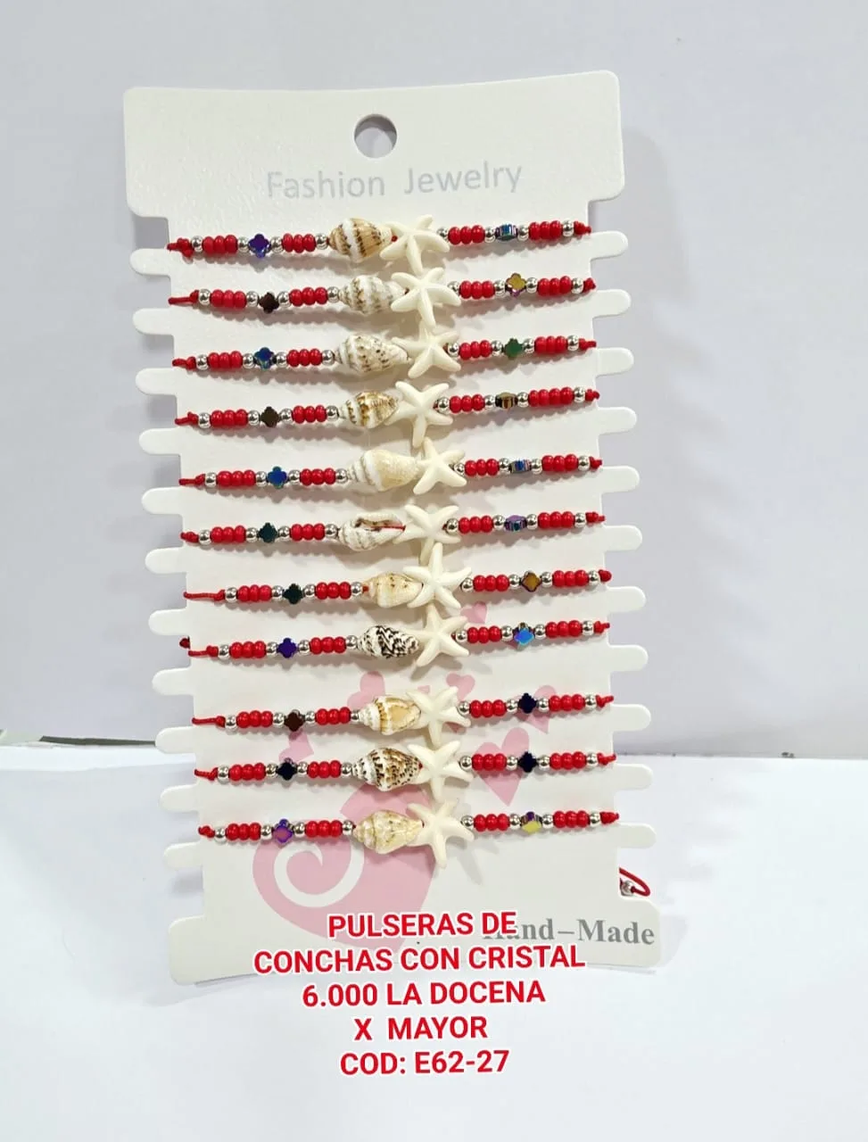 Pack 12 Pulsera Playera de Concha y Estrella de Mar con Cristales Facetados Rojos e Hilo Ajustable