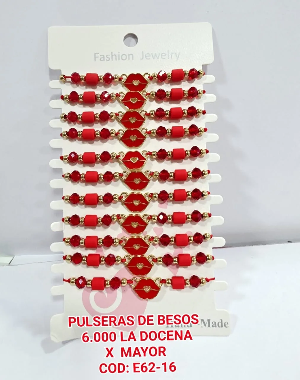 Pack 12 Pulsera Coqueta de Labios Esmaltado con Cristales Facetados, Tubos Fimo Rojos y Balines Dorados