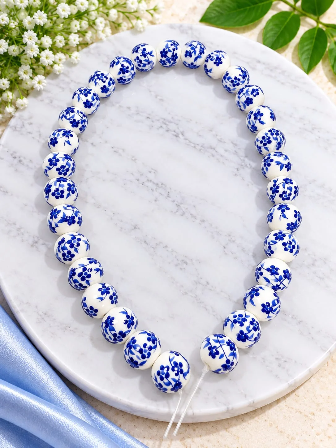 Cuentas de Cerámica con Flor Azul Pequeña