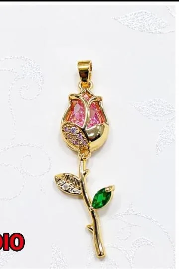 Colgante de Rodio - Rosa rosada con hoja verde