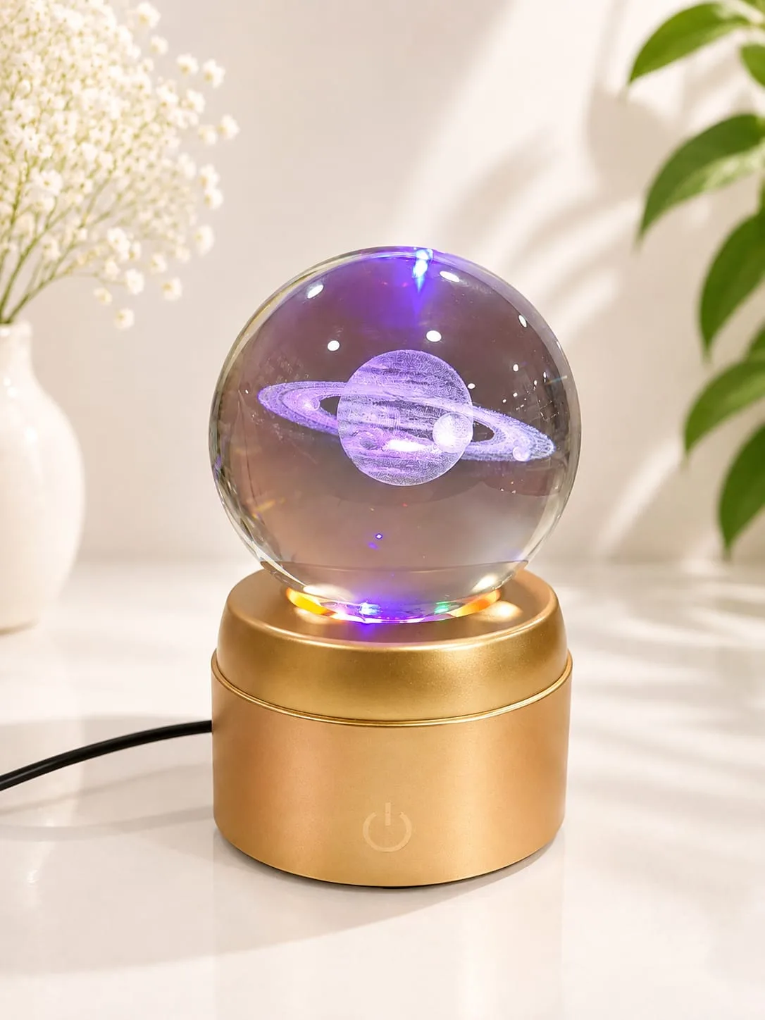 Lampara de Mesa Bola de Cristal Giratorio Saturno con Base Dorada