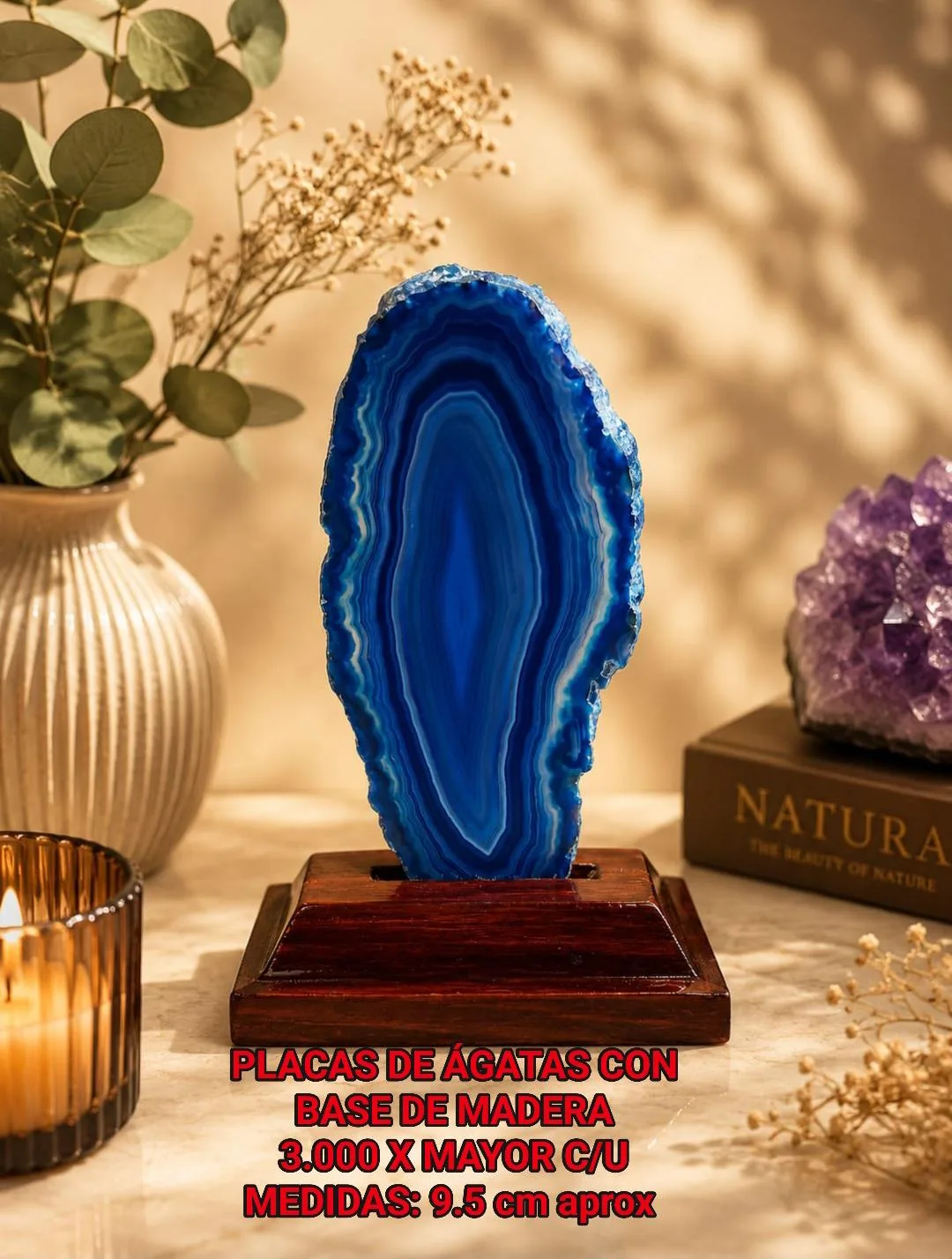 Placa de Ágata con Base de Madera (azul)