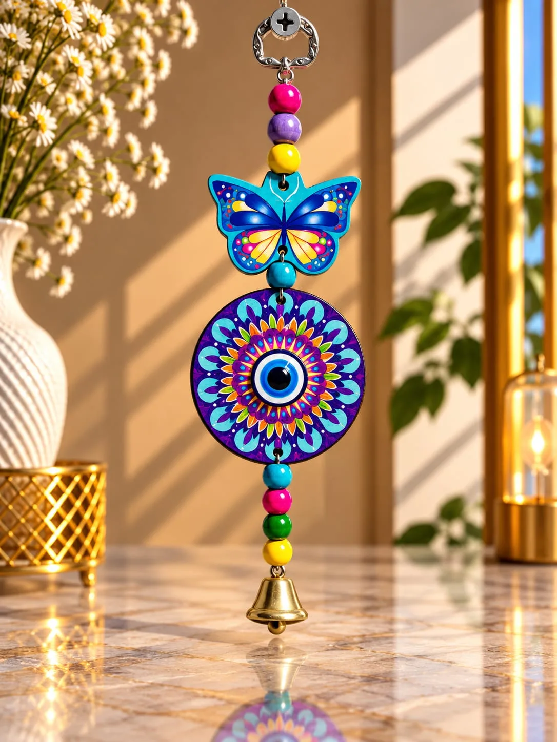 Colgante Ojo Turco con Campana Mariposa Celeste y Mandala