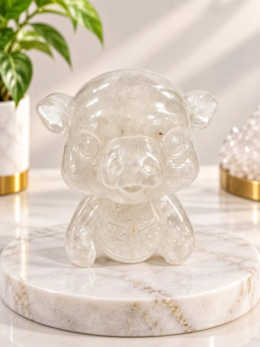 Figura de Cerdito con Cuarzo Cristal Molida