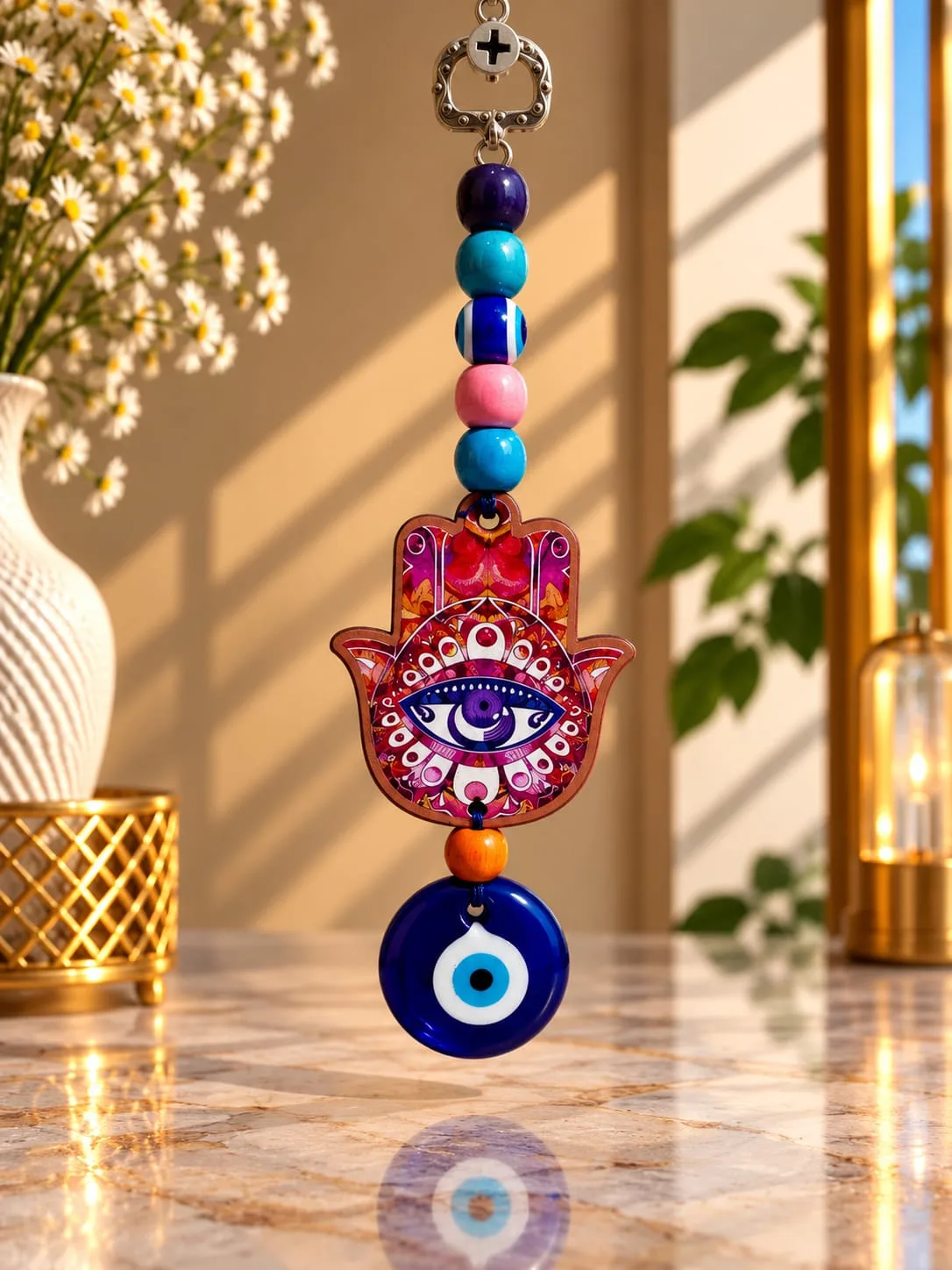 Colgante de Madera Ojo Turco Mano de Fátima Roja