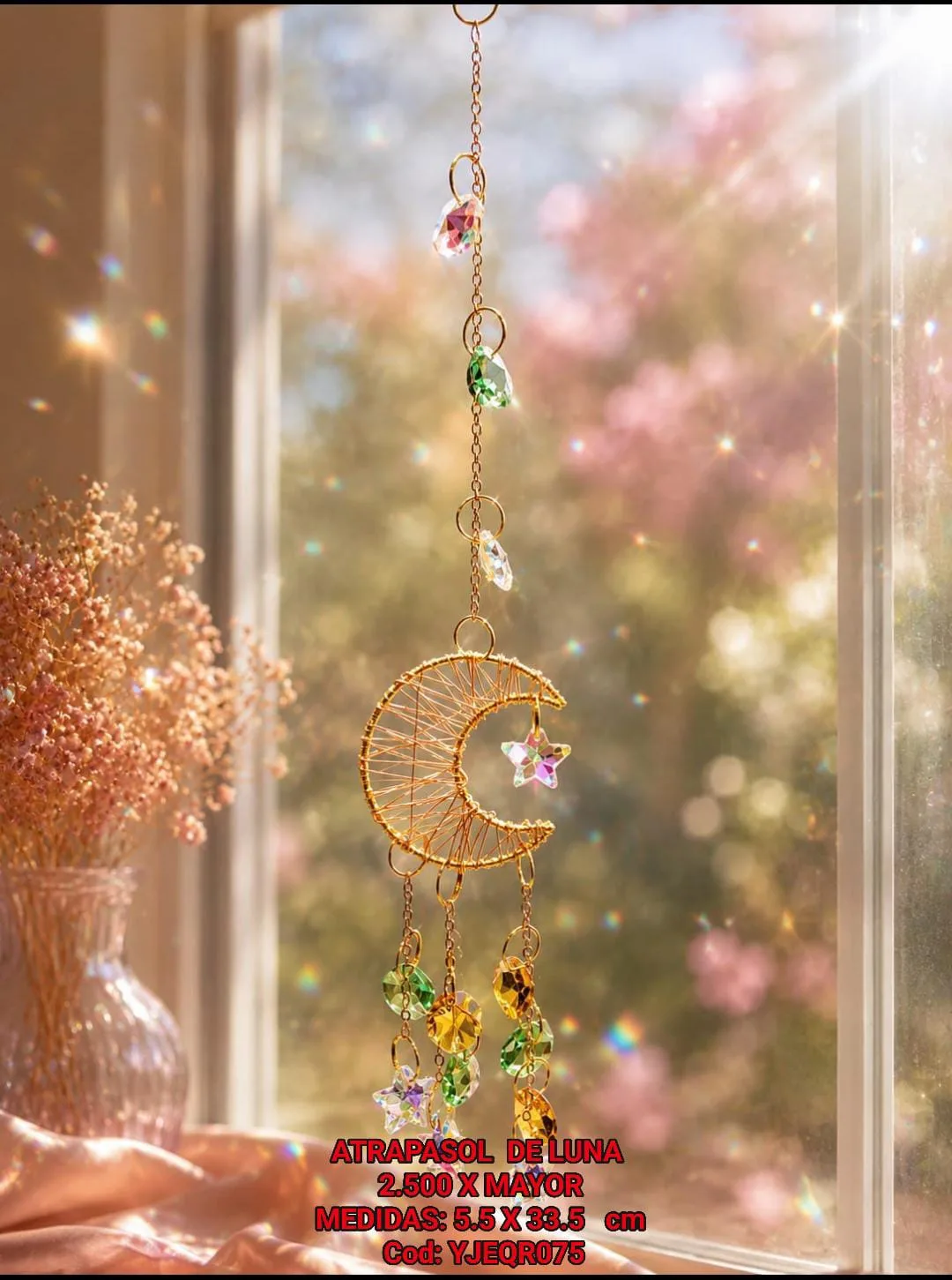 Atrapasoles Medialuna de Alambre Dorado con Estrella de Cristal y Cuentas Prismáticas Multicolores