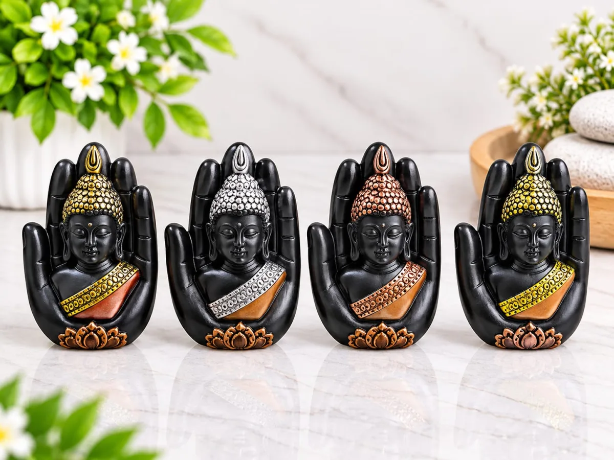 Figura de Buda en Mano Negra con Detalle Floral