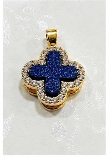 Colgante de Rodio - Cruz de cuatro petalos con piedra azul