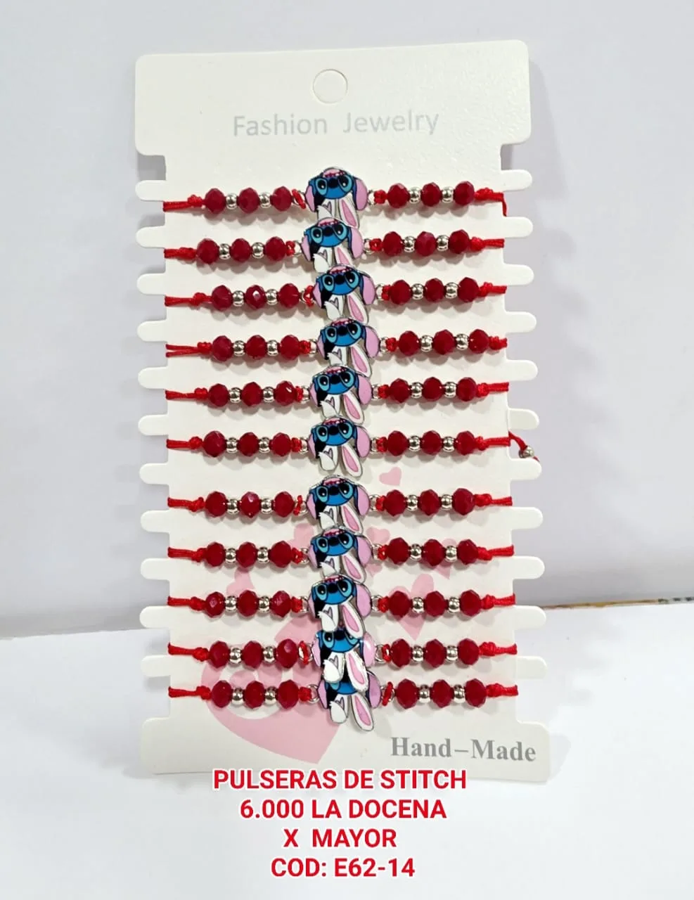 Pack 12 Pulsera Infantil Tierna de Cristales Facetados Rojos con Dije Central Esmaltado