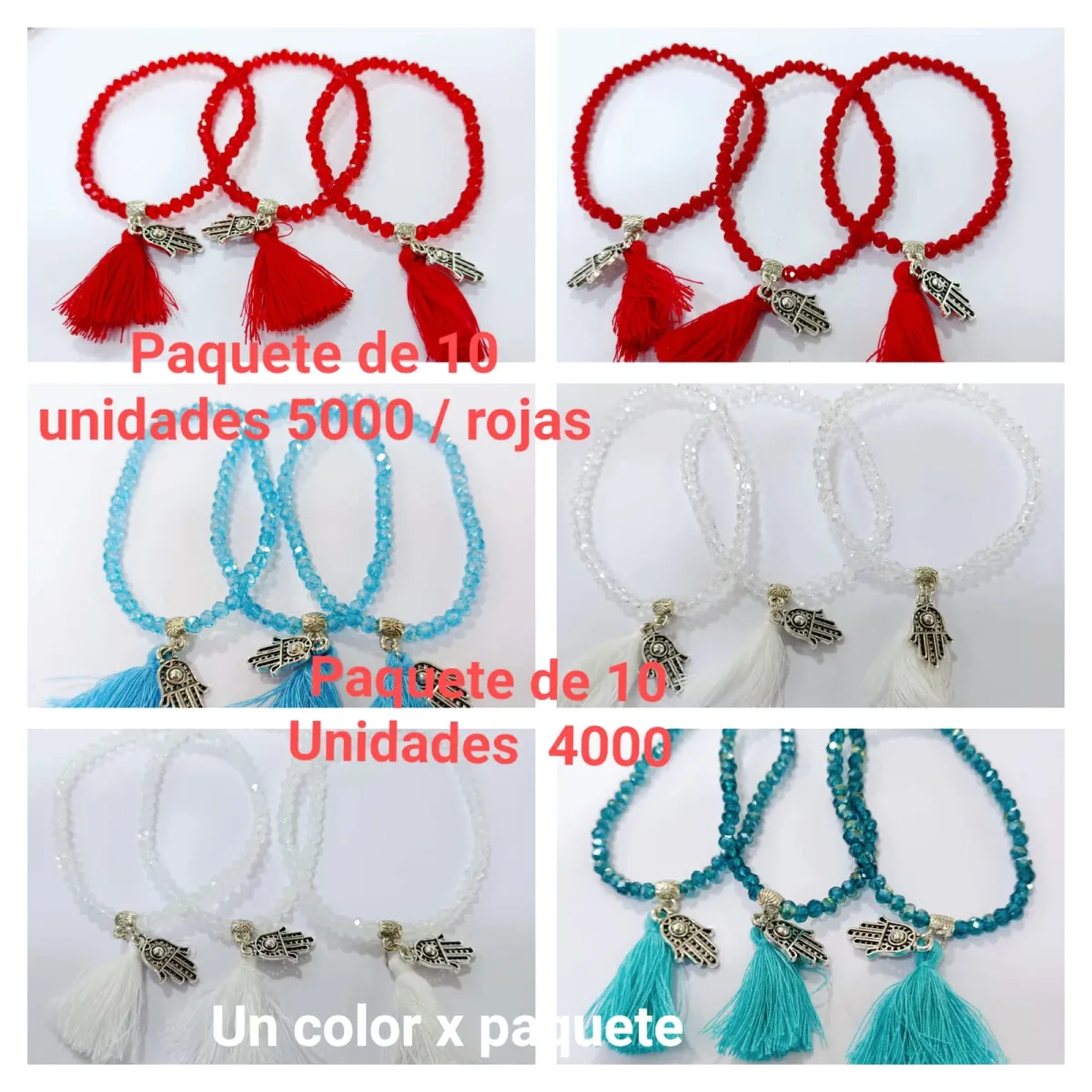 Pack 10 Pulsera Elasticada de Cristales Facetados con Dije de Mano de Hamsa y Borla de Hilo