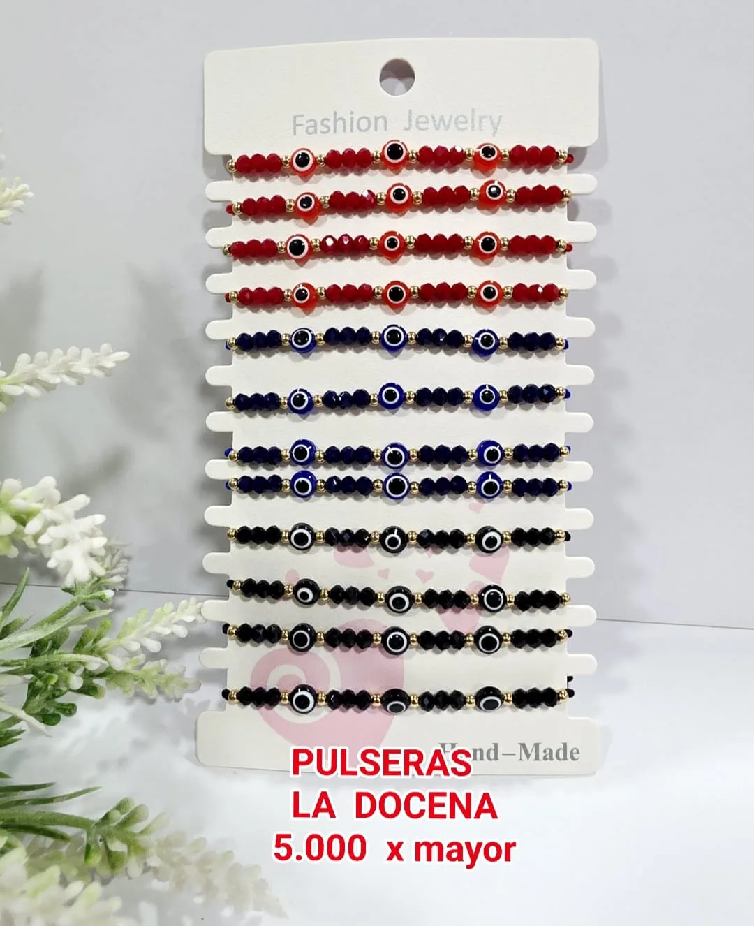 Pack 12 Pulsera Protectora de Cristales Facetados con Triple Ojo Turco y Balines Dorados