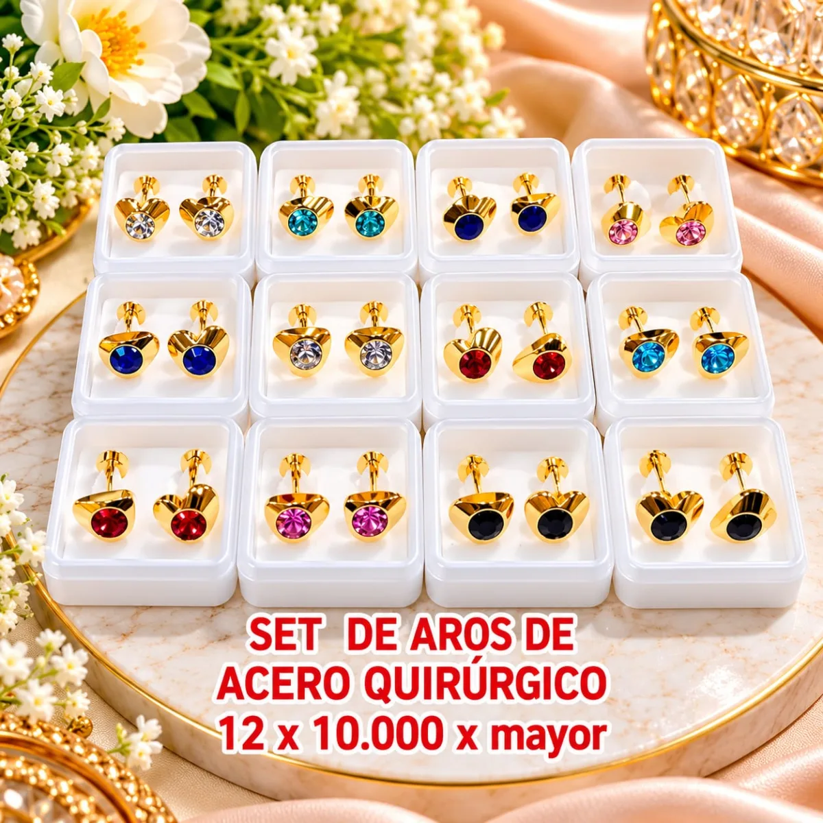 Set de Aros de Acero Quirúrgico con Corazón y Cristal