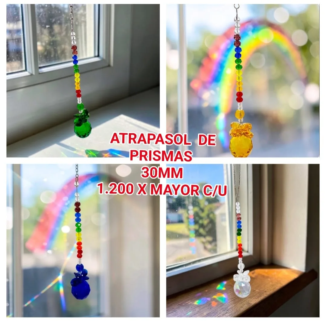 Atrapasoles Lineal 7 Chakras con Moño / Lazo de Cristal y Esfera Prismática Facetada