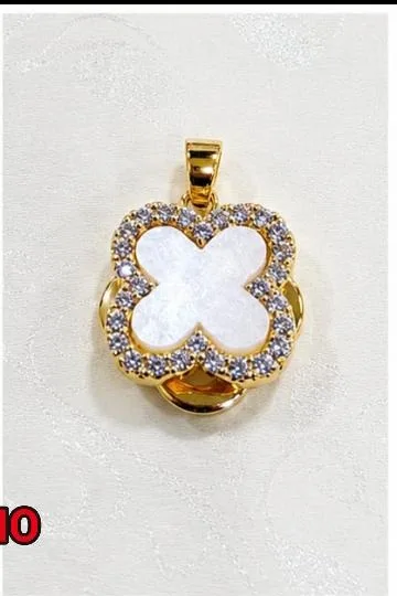 Colgante de Rodio - Trébol/cuatrifolio esmalte blanco/perla con piedras claras