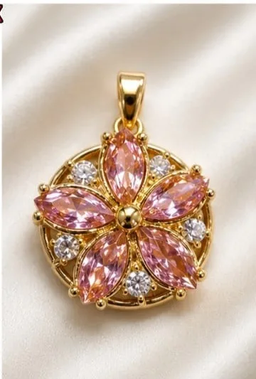 Colgante de Rodio - Circular con flor rosada de 5 petalos