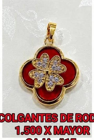 Colgante de Rodio - Flor de cuatro petalos esmaltada roja con circonias