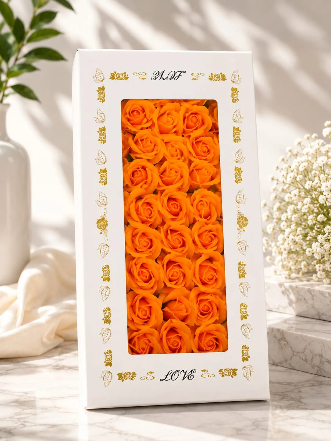 Caja de Rosas de Jabón Color Naranjo