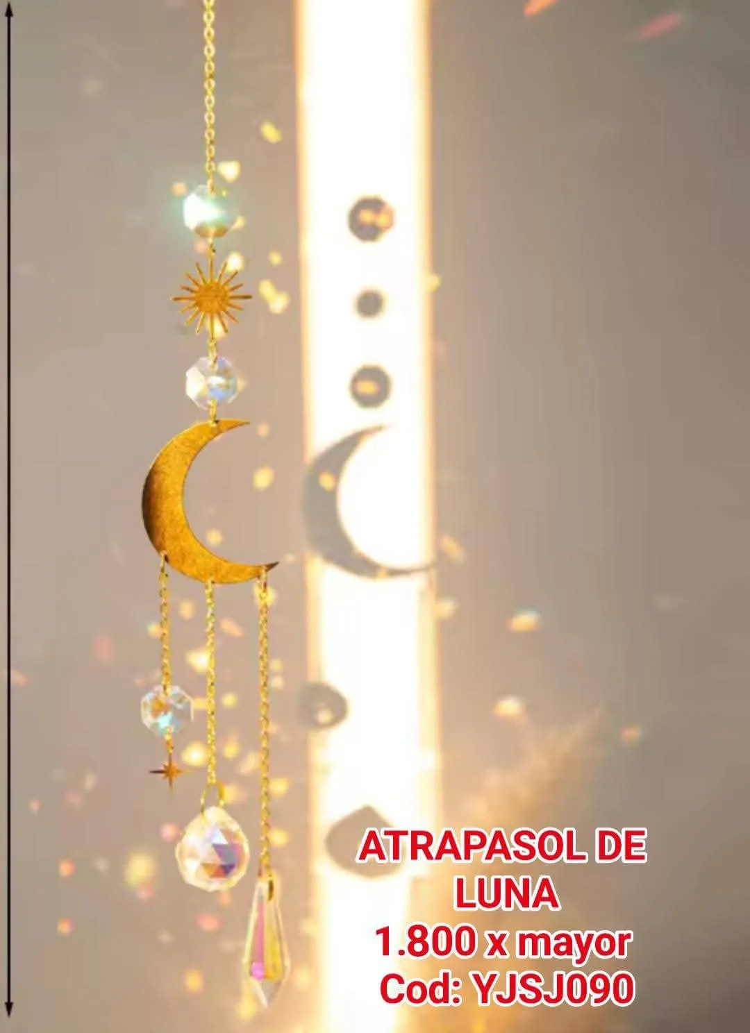 Atrapasoles Celestial Luna Creciente Dorada con Sol Astral, Esfera y Prisma Iridiscente