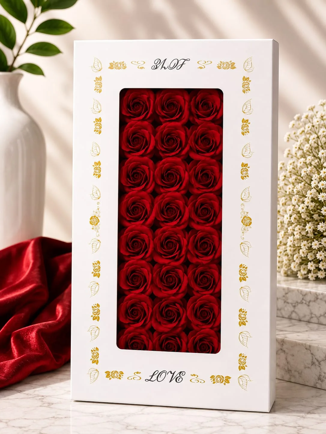 Caja de Rosas de Jabón Color Rojo Oscuro