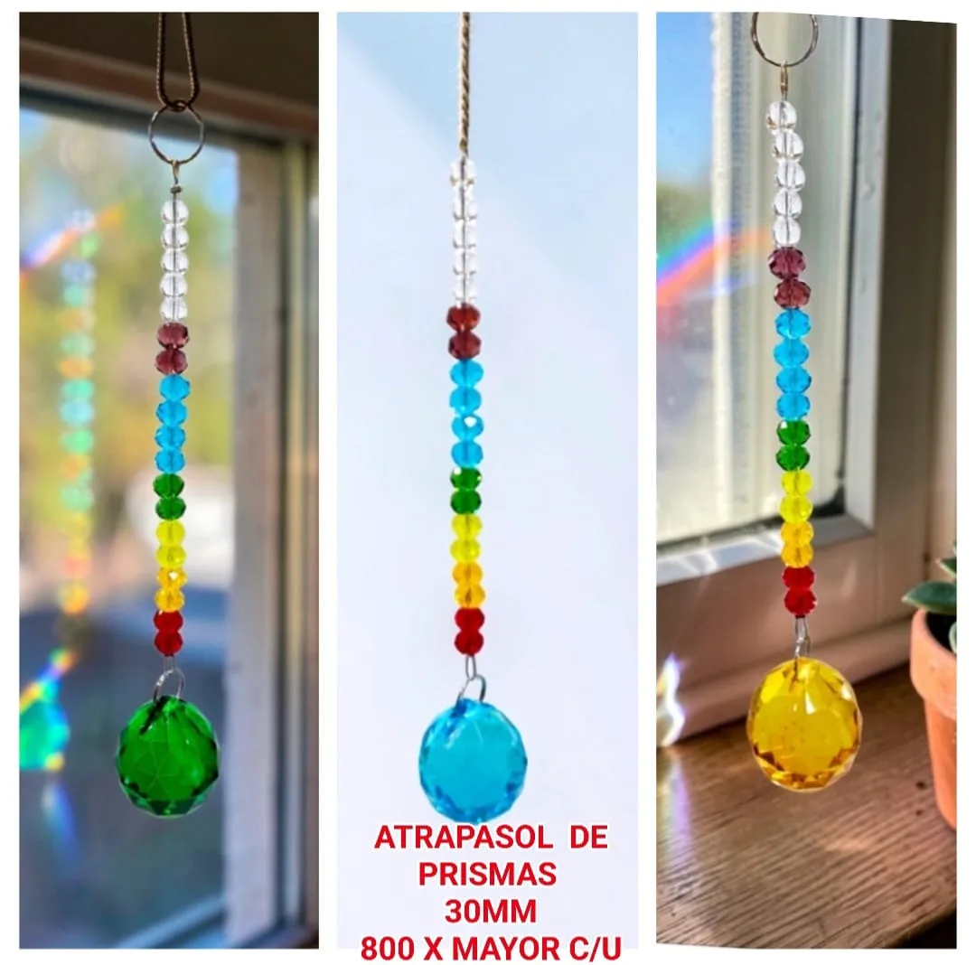 Atrapasoles Lineal de Cuentas Esféricas Facetadas 7 Chakras y Esfera Prismática