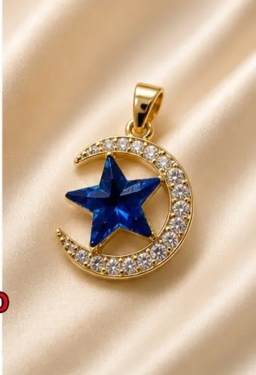 Colgante en Rodio - Luna con estrella azul