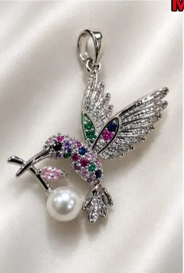 Colgante de Rodio - Colibri plateado con perla y piedras multicolor