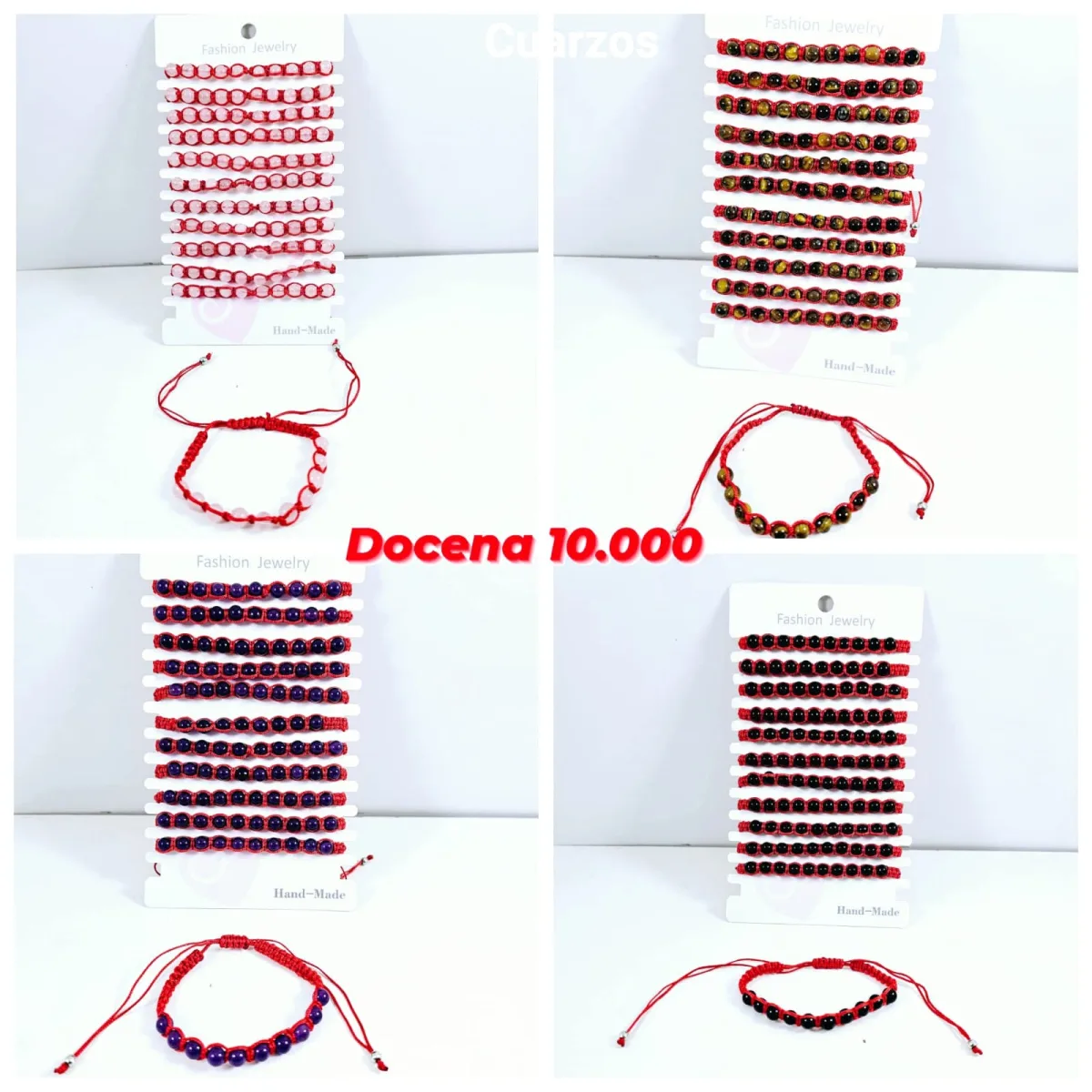 Pack 12 Pulsera Holística de Cuentas de Cuarzo y Piedras Tejida en Macramé con Hilo Rojo