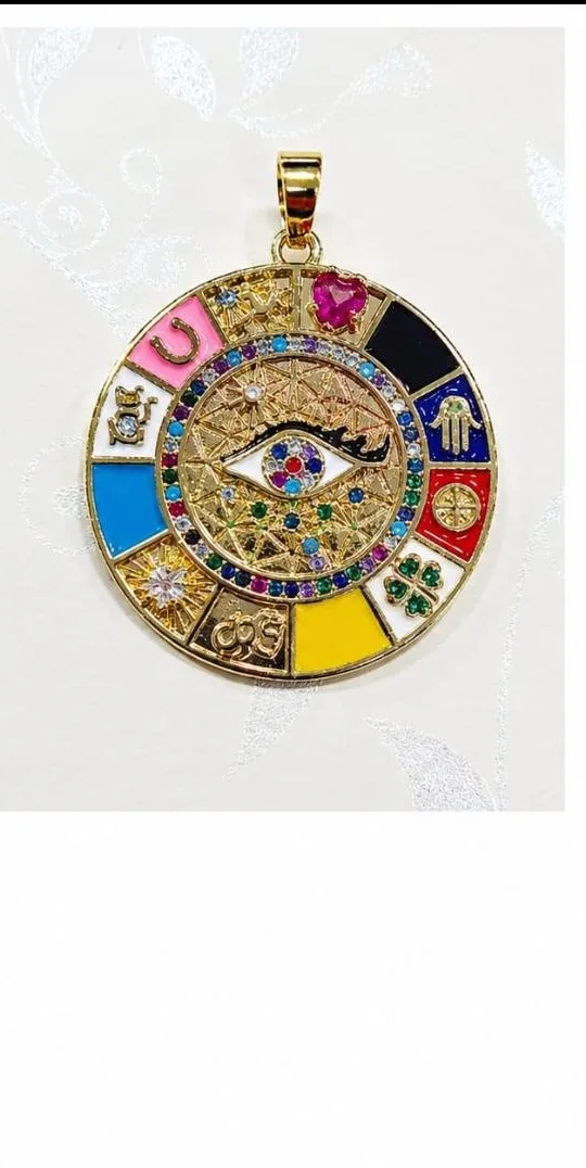 Colgante de Rodio - Medallon circular multicolor con ojo central y simbolos