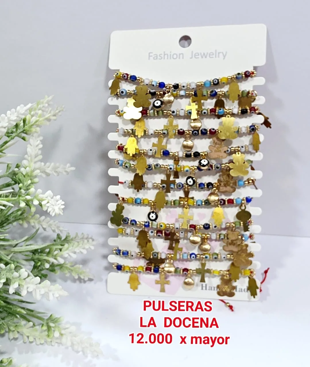 Pack 12 Pulsera Protectora de Hilo con Cuentas Ojo Turco Multicolor, Balines Dorados y Multidijes Colgantes