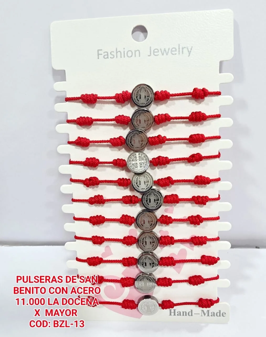 Pack 12 Pulsera Devocional San Benito de Medalla Central en Acero Plateado con Nudos Franciscanos