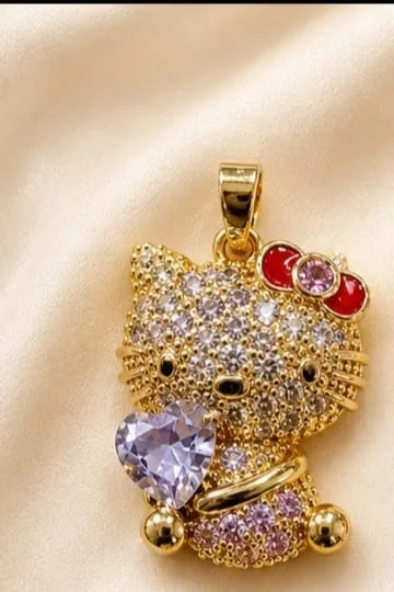 Colgante de Rodio - Hello Kitty con lazo rojo y corazon lila