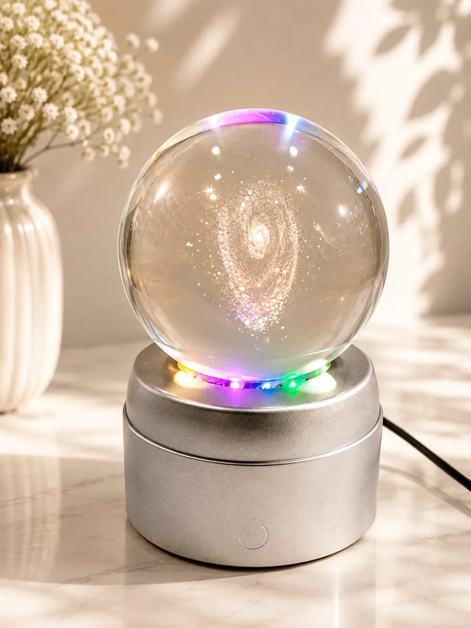 Lampara de Mesa Bola de Cristal Giratorio Galaxia con Base Plateada