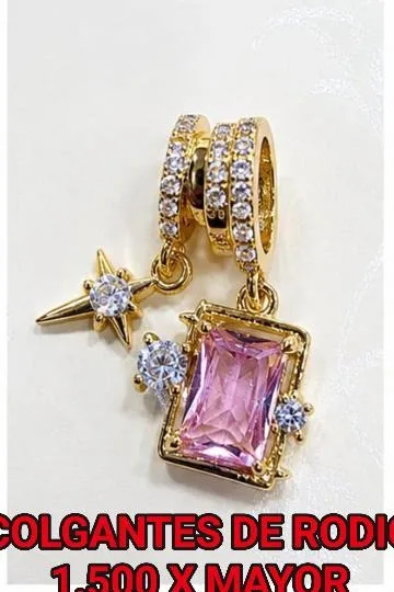 Colgante de Rodio - Dije aros con estrella y gema rosada rectangular