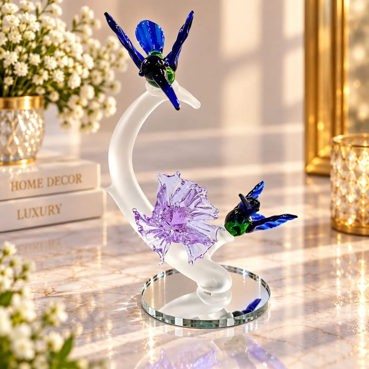 Figura de Cristal de Colibríes en Rama con Flor