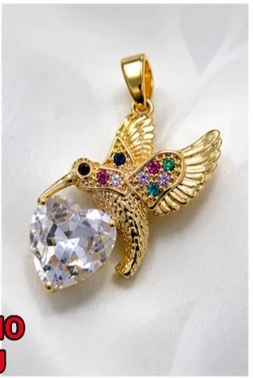 Colgante de Rodio - Colibri con corazon blanco y piedras multicolor