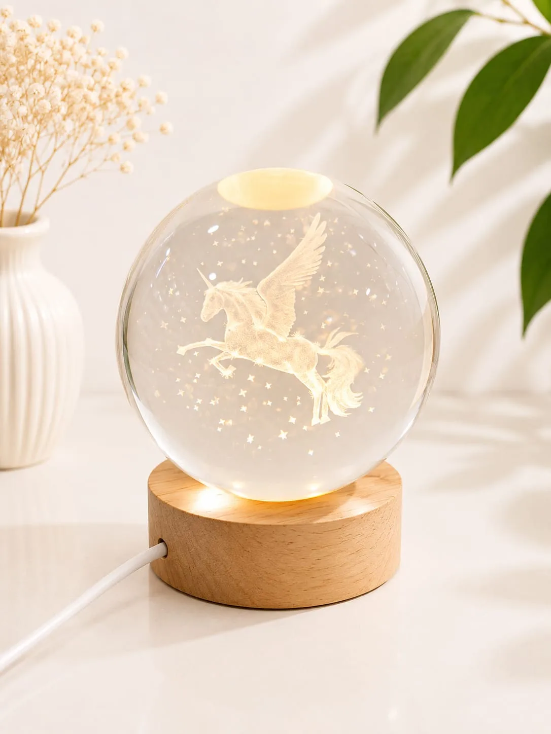 Lampara de Mesa Bola de Cristal Unicornio con Base de Madera