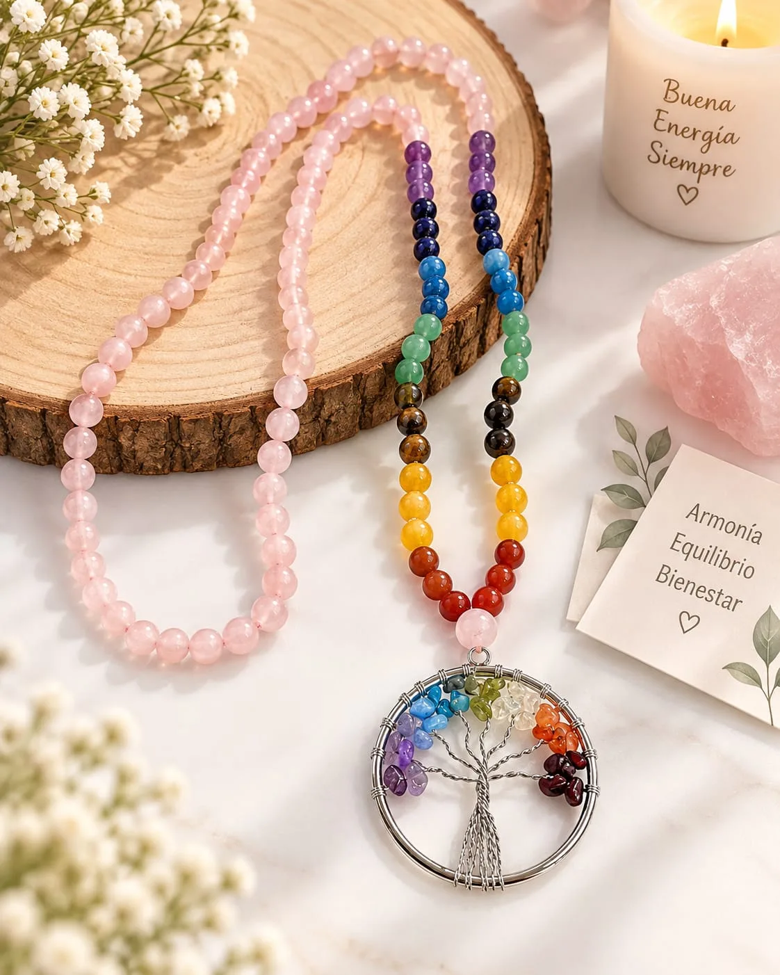 Set de Collares Cuarzo Rosado y Árbol de la Vida 7 Chakras