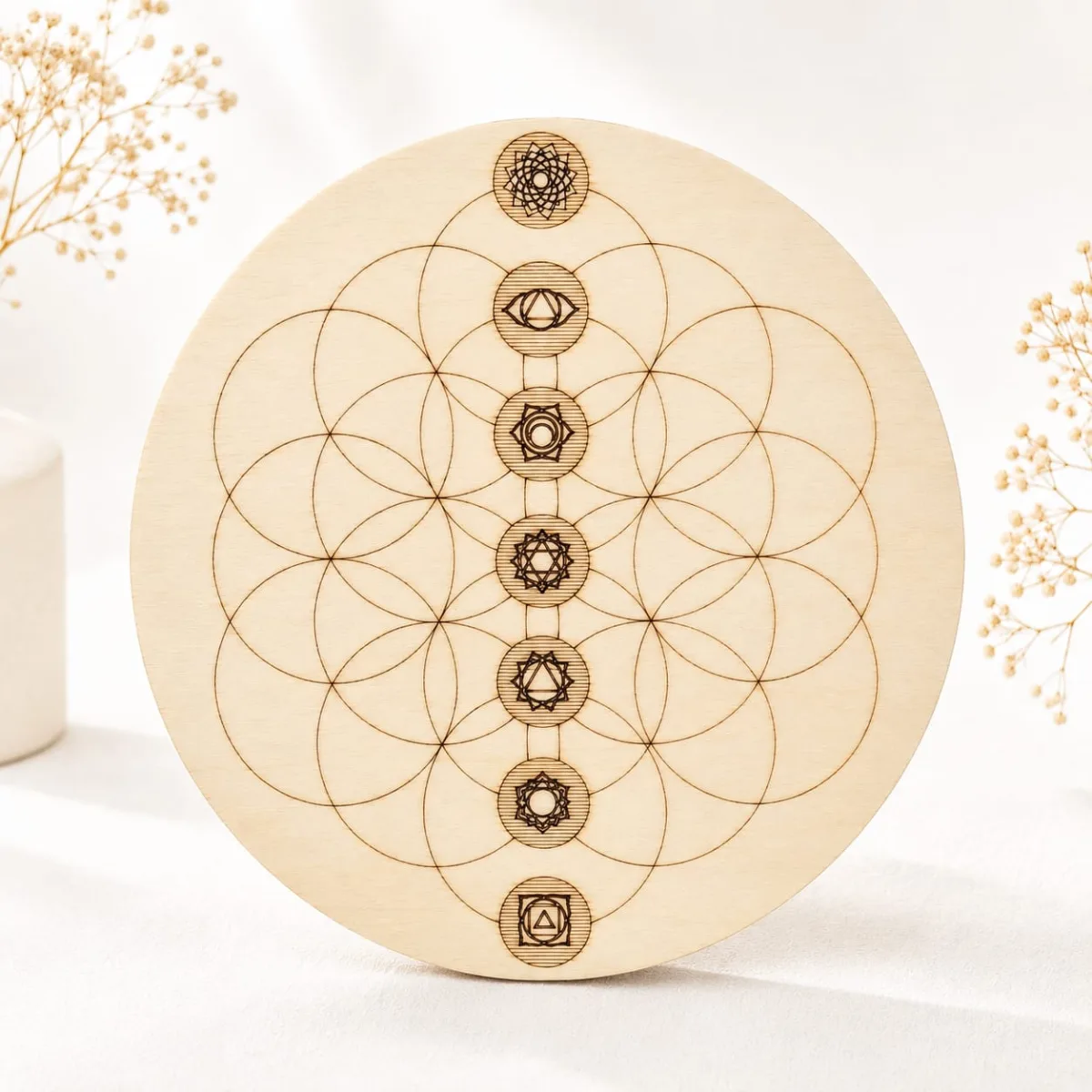 Rejilla de Madera Chakras y Semilla de la Vida 20x20 cm