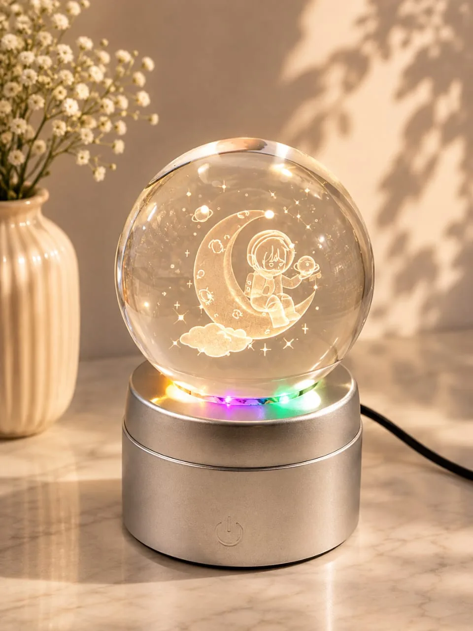 Lampara de Mesa Bola de Cristal Giratorio Astronauta con Base Plateada