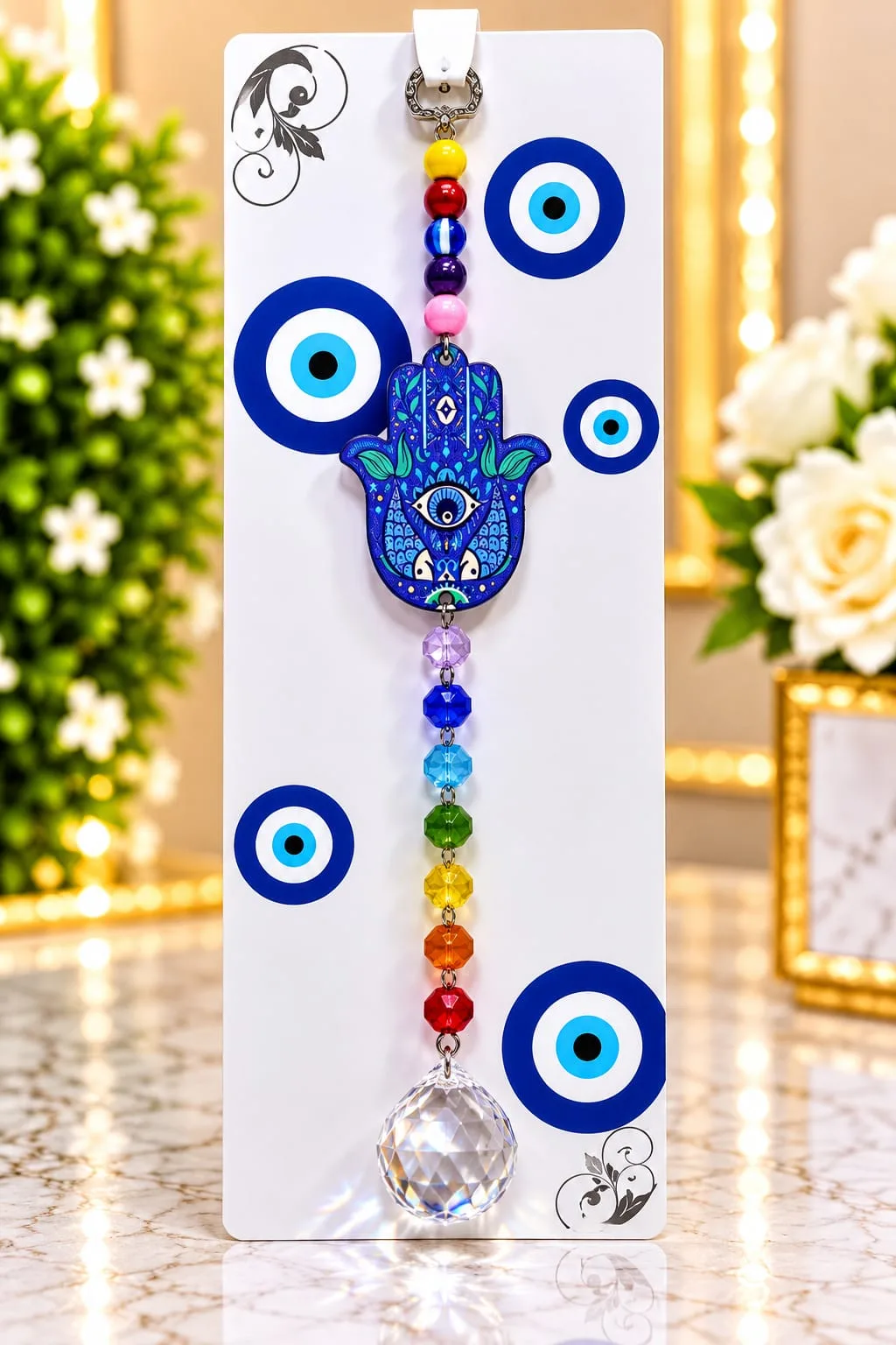 Colgante Mano de Fátima con 7 Chakras Azul
