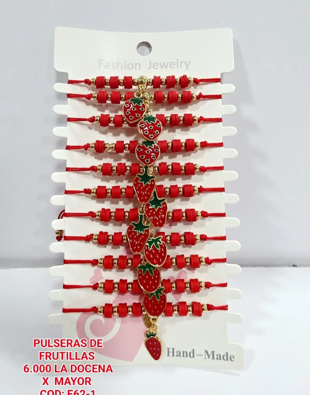 Pack 12 Pulsera Juvenil de Discos Fimo Rojos e Hilo Ajustable con Dije Colgante de Frutilla Esmaltada