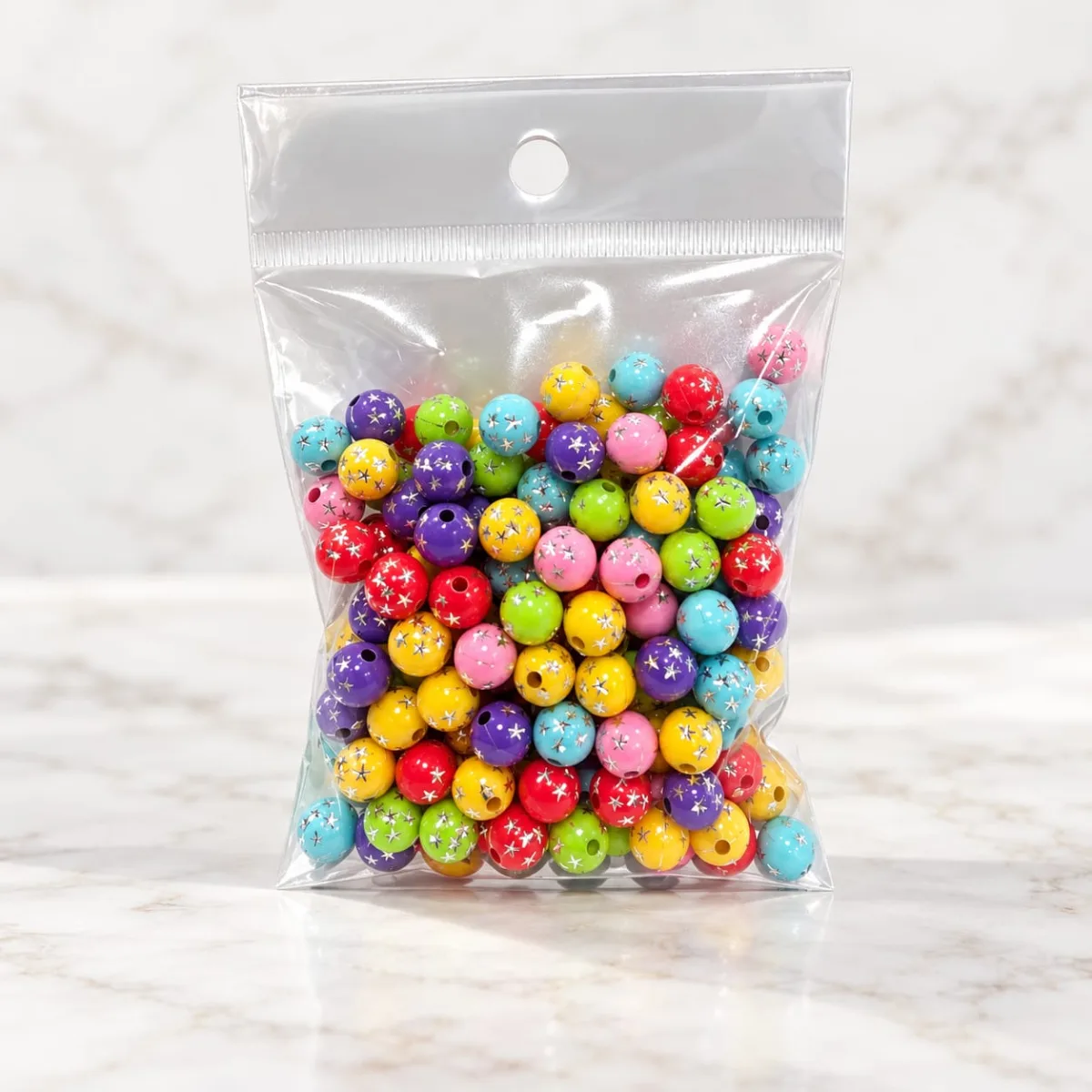 Cuentas Acrílicas Multicolor con Estrellas y Puntos 8 mm