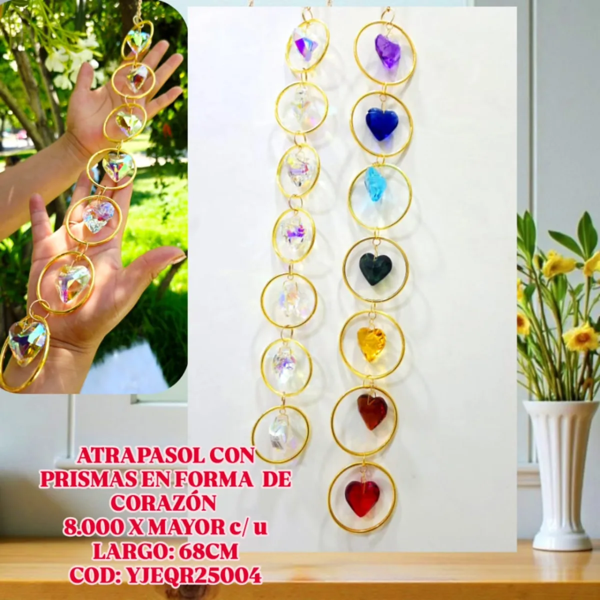 Atrapasoles Guirnalda Vertical de Aros Dorados con Prismas de Corazón en Cristal Facetado