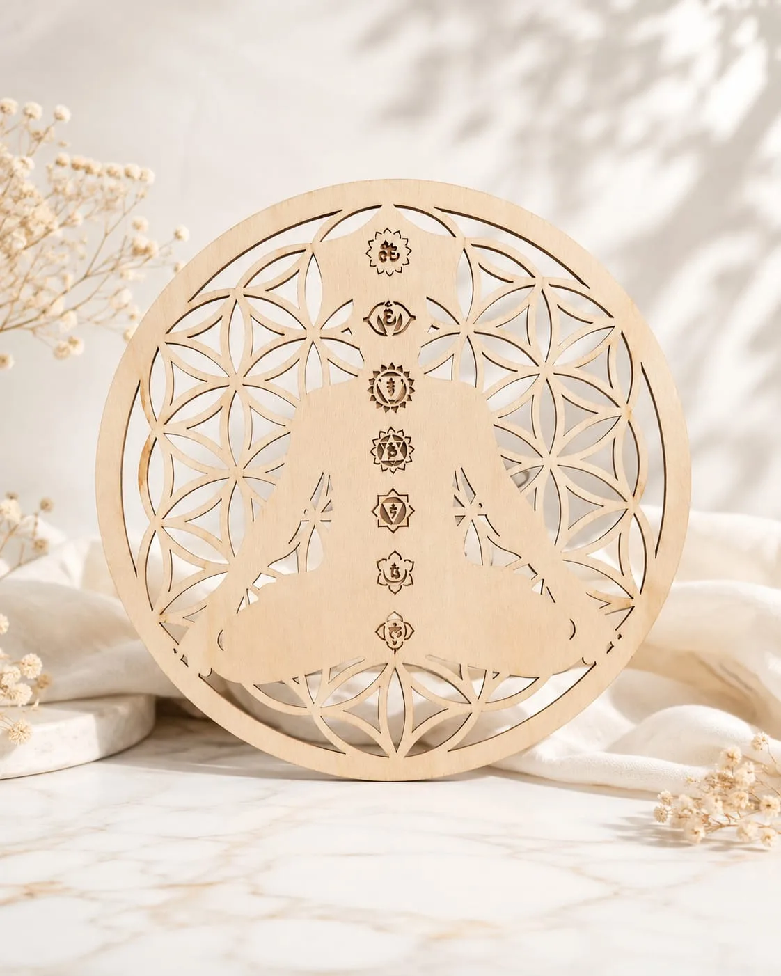 Rejilla de Madera Chakras y Flor de la Vida 20x20 cm