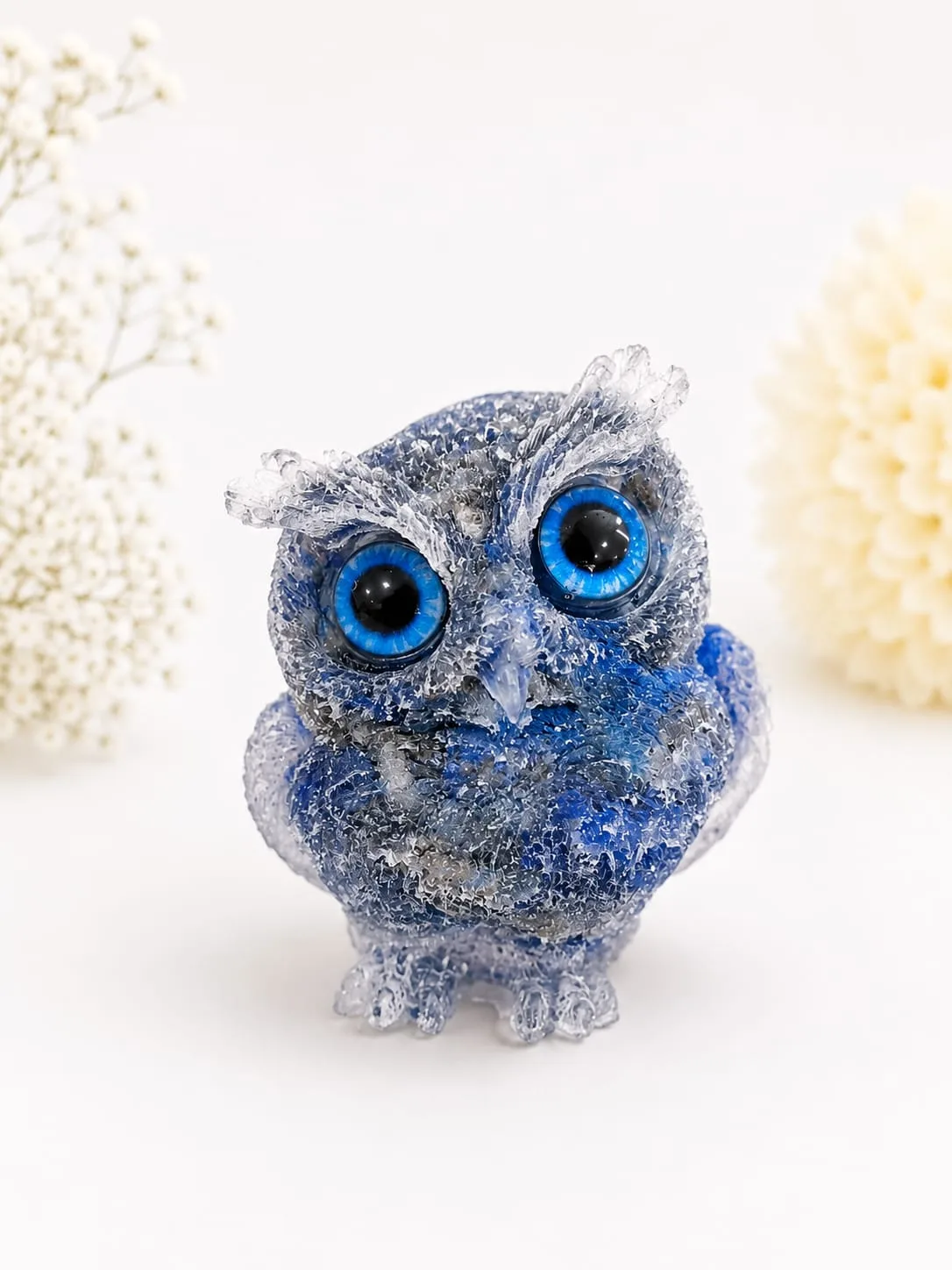 Figura de Búho en Resina Craquelada Azul