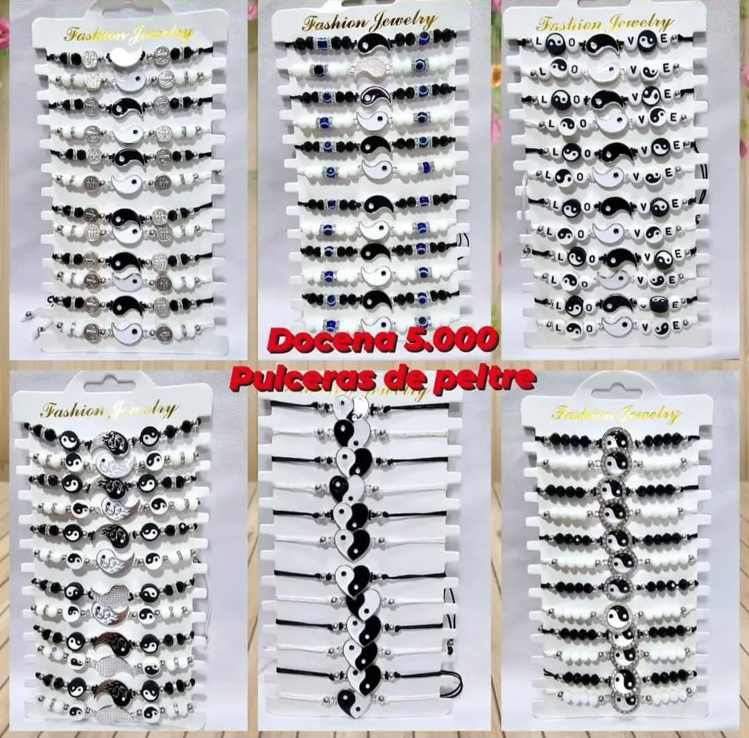 Pack 12 Pulseras Dúo de Pareja y Amistad Yin Yang en Hilo Blanco y Negro con Dijes de Peltre