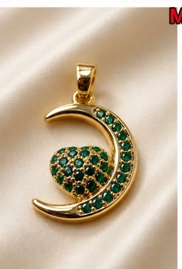 Colgante en Rodio - Luna con corazon verde