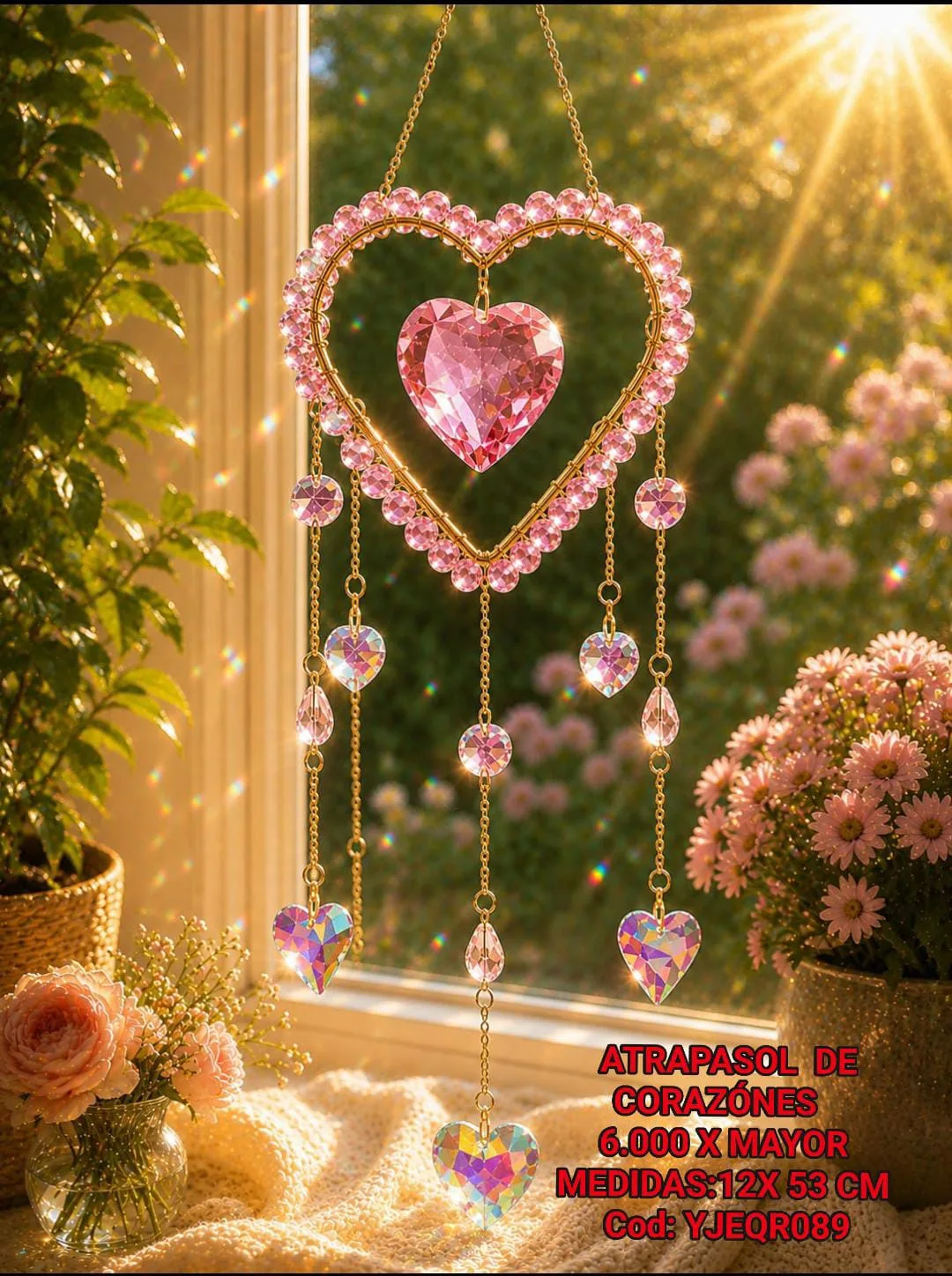 Atrapasoles Corazón Rosado con Perlas de Cristal, Prisma Central y Cadenas con Dijes de Corazón
