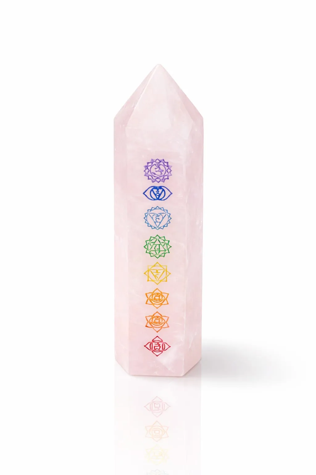 Obelisco de Cuarzo con Símbolos de Chakras - Cuarzo Rosado