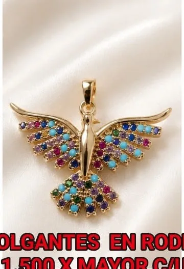 Colgante en Rodio - Ave con piedras multicolor turquesa-azul-rosa